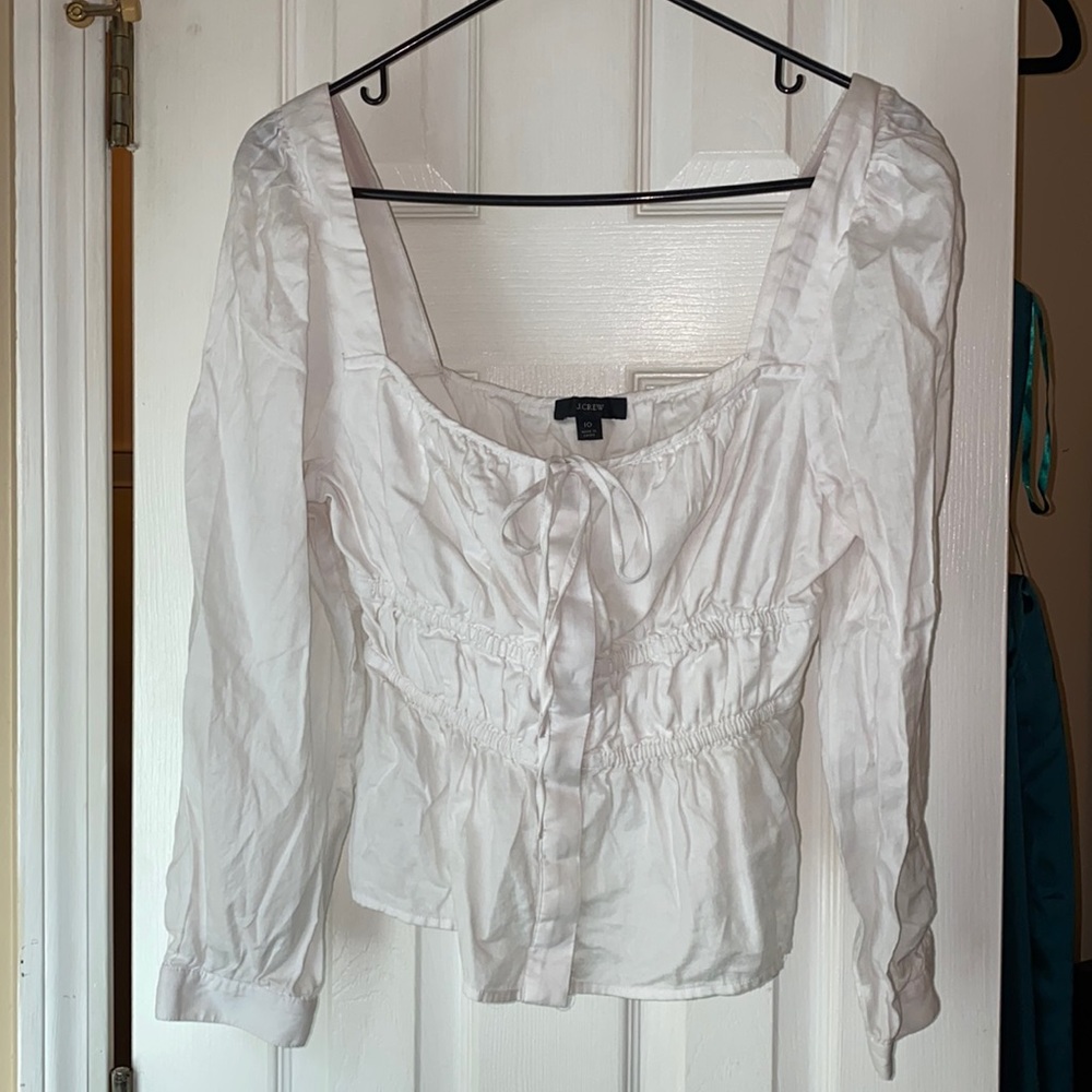 J Crew long sleeve white blouse with buttons and front tie